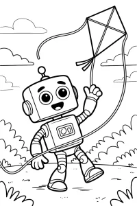 Robot sonriente con cometa en el campo - Dibujo para colorear para imprimir