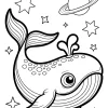 Baleine souriante avec planète et étoiles - Coloriage à imprimer