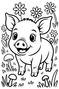 Cerdita feliz entre flores y setas - Dibujo para colorear para imprimir