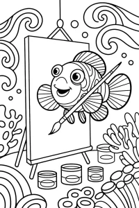 Pez payaso pintando en el caballete - Dibujo para colorear para imprimir