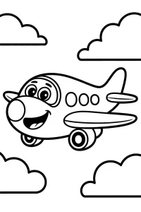 Avión alegre entre grandes nubes - Dibujo para colorear para imprimir