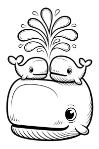 Familia de ballenas con fuente de agua - Dibujo para colorear para imprimir