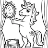 Unicornio frente al espejo y cortina - Dibujo para colorear para imprimir