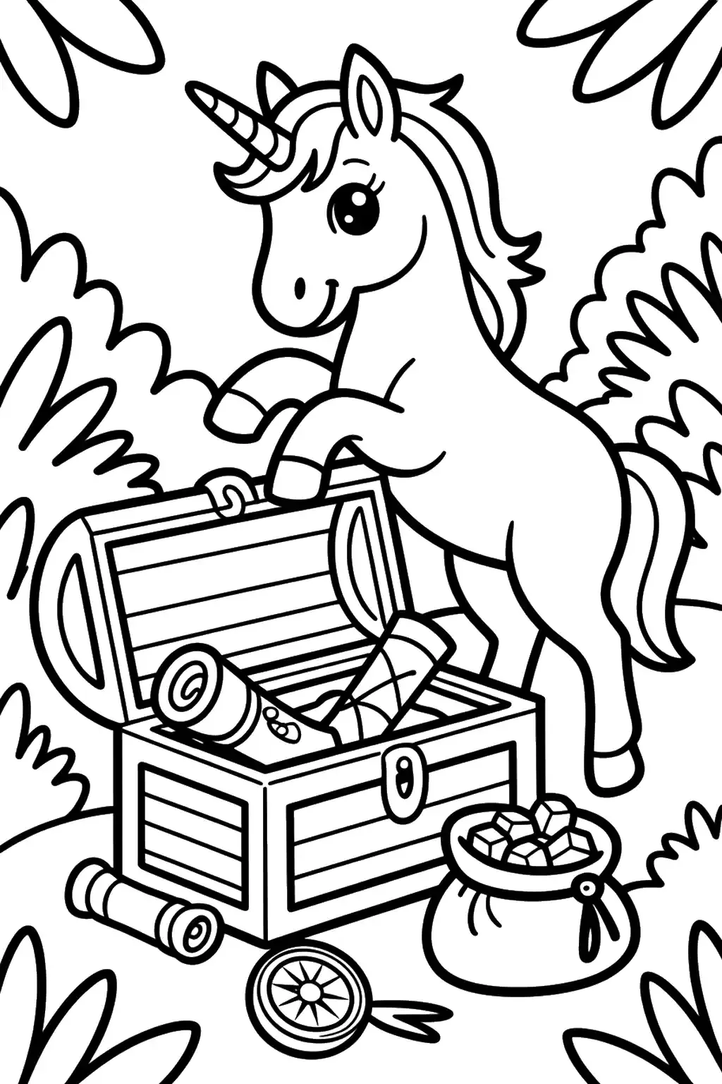 Einhorn bei der Schatztruhe - Malvorlage zum Ausdrucken