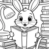 Hase mit Buch zwischen Büchern - Malvorlage zum Ausdrucken