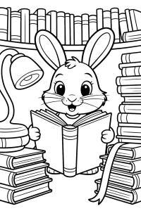Rabbit with a Book Among Books - Printable coloring page