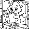 Fuchs mit Buch auf Bücherstapel - Malvorlage zum Ausdrucken