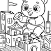 Mała panda przy zamku z klocków - Kolorowanka do druku