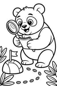 Pequeña panda con lupa y cuaderno - Dibujo para colorear para imprimir