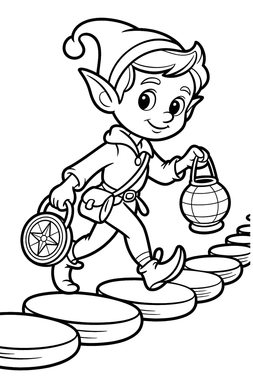 Little Elf with Lantern and Hat - Printable coloring page