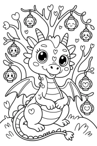 Pequeño dragón bajo el árbol de farolillos - Dibujo para colorear para imprimir