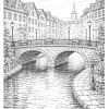 Canal urbain avec pont en pierre - Coloriage à imprimer