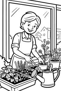 Enseignante près de la fenêtre et des fleurs - Coloriage à imprimer
