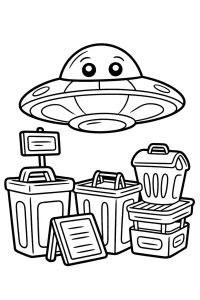 UFO sonriente sobre tres contenedores - Dibujo para colorear para imprimir