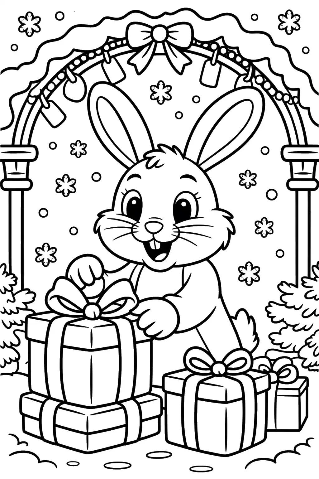 Smiling Bunny with Gifts Under Arch - Printable coloring page
