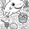 Tiburón sonriente y conchas en la arena - Dibujo para colorear para imprimir