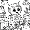 Uśmiechnięty robot wśród prezentów i dzwonków - Kolorowanka do druku