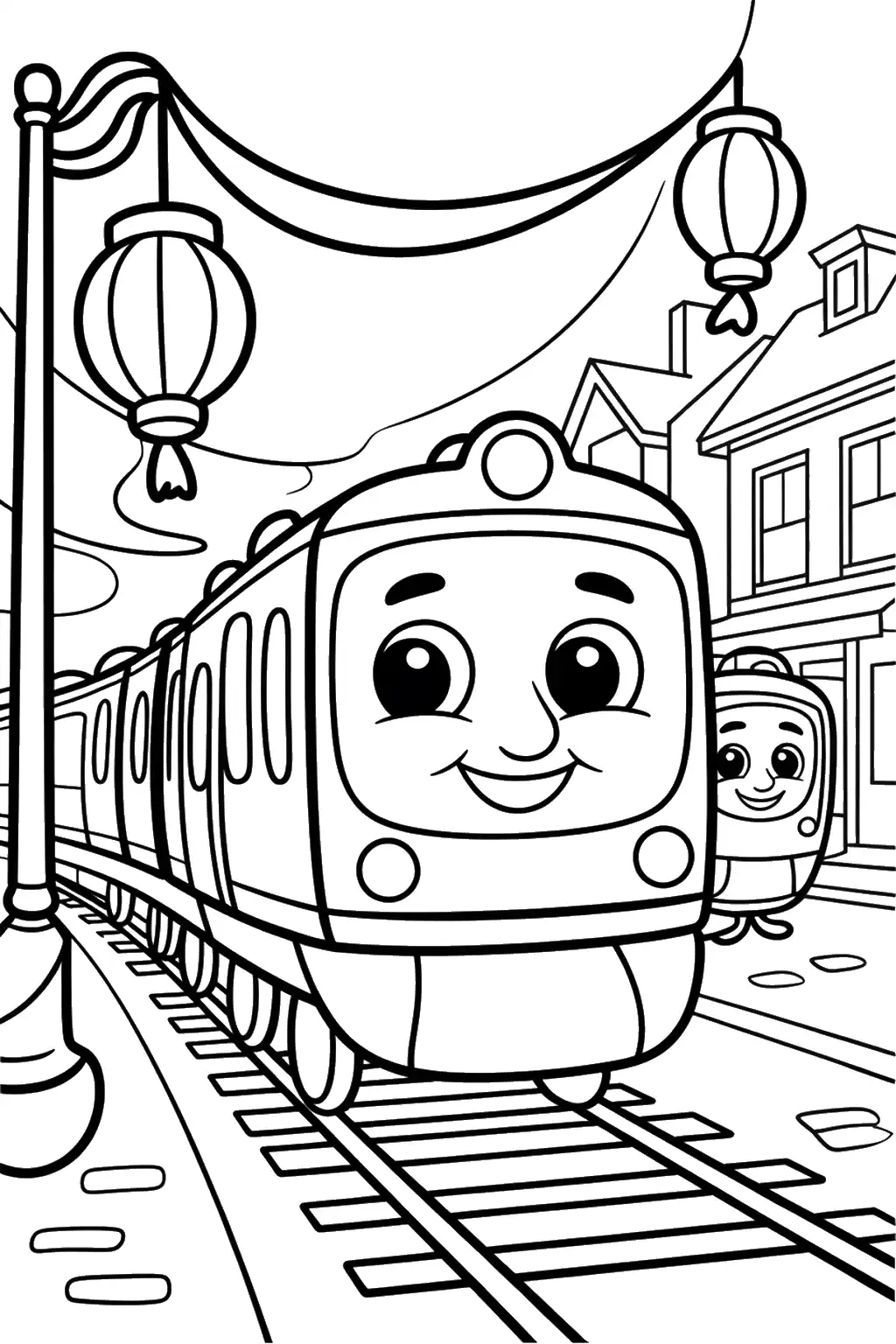 Uśmiechnięty tramwaj pod wiszącymi lampionami - Kolorowanka do druku