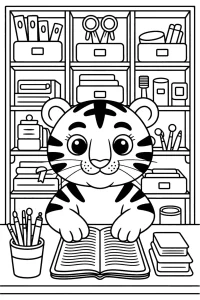 Lächelnder Tiger über offenem Buch - Ausmalbild zum Ausdrucken