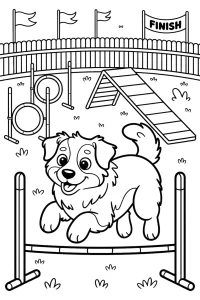 Fröhlicher Hund auf Agility-Parcours - Ausmalbild zum Ausdrucken