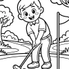 Junge mit Golfschläger und Flagge - Malvorlage zum Ausdrucken