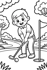 Boy with Golf Club and Flag - Printable coloring page