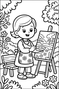 Girl Painting in the Garden - Printable coloring page