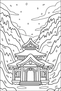 Mountain Temple Amid Snowy Rocks - Printable coloring page