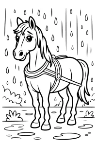 Horse in Harness in the Rain - Printable coloring page