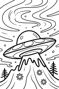 Flying Saucer Over a Tall Mountain - Printable coloring page