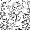 Kleine Fee zwischen großen Rosen - Malvorlage zum Ausdrucken