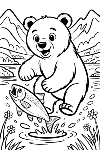Little Bear Over Splashing Fish - Printable coloring page