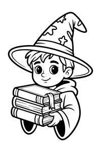 Joven mago con libros y sombrero - Dibujo para colorear para imprimir