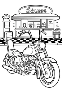 Motorcycle in Front of Dinner Bar - Printable coloring page