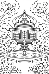 Garden with Fountain and Pavilion Garden with Fountain and Pavilion - Printable coloring page