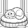 Gato esponjoso en cama redonda - Dibujo para colorear para imprimir