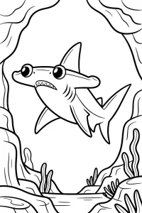 Requin marteau entre les rochers sous-marins - Coloriage à imprimer