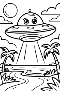 OVNI sobre la isla con rayo - Dibujo para colorear para imprimir