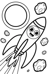 Uśmiechnięta rakieta wśród asteroid i planety