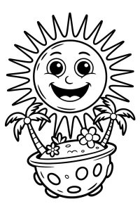 Smiling Sun Over a Tiny Planet - Printable coloring page