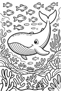 Ballena sonriente entre peces pequeños - Dibujo para colorear para imprimir