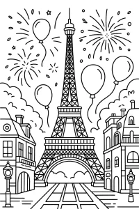 Torre Eiffel con globos y fuegos artificiales - Dibujo para colorear para imprimir