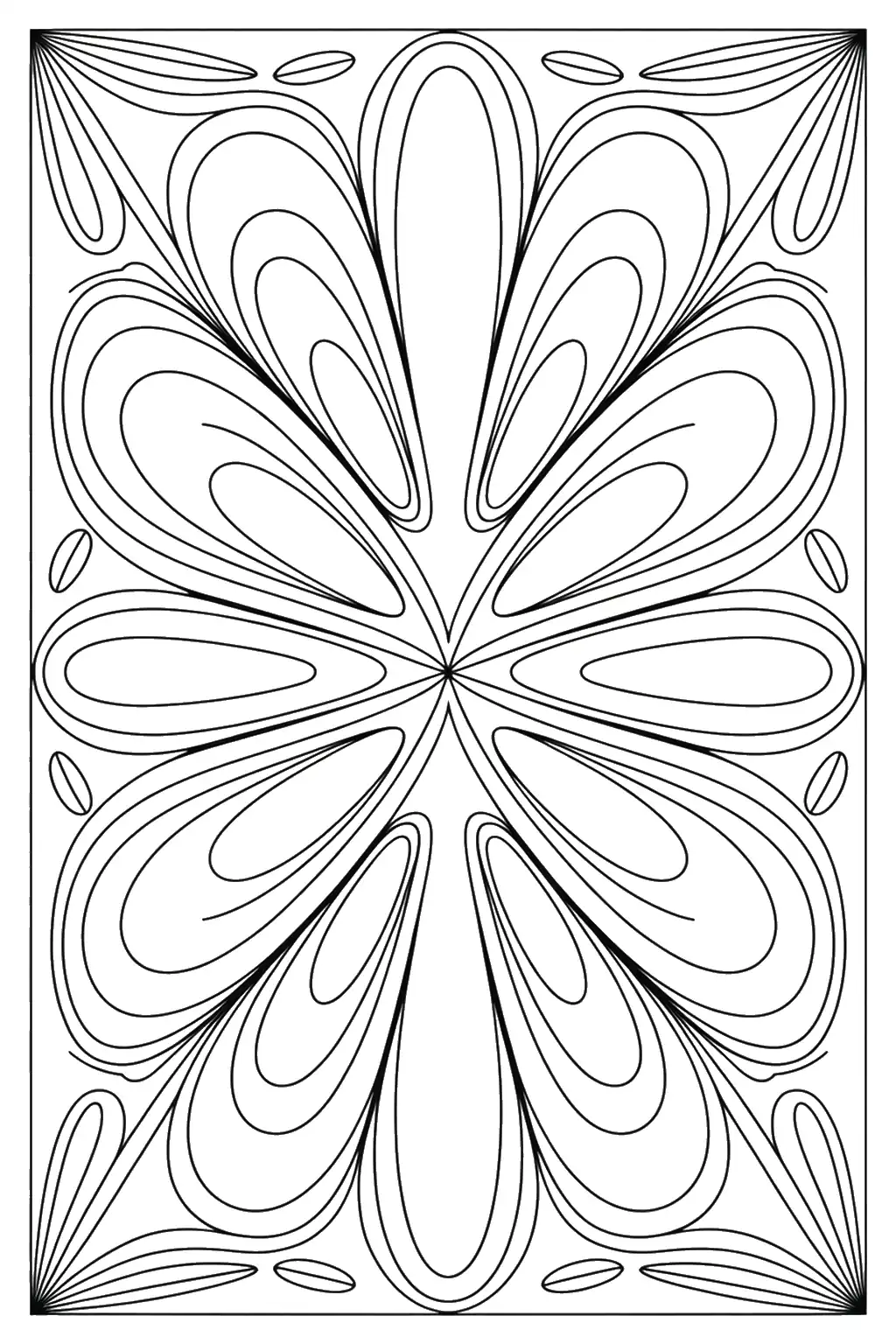 Blumenmandala mit ovalen Blütenblättern - Malvorlage zum Ausdrucken