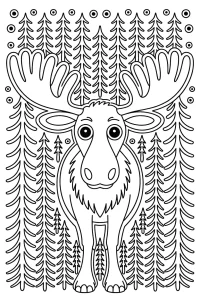 Moose with Broad Antlers Among Spruces - Printable coloring page