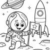 Mały astronauta z flagą i rakietą - Kolorowanka do druku
