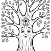 Lächelnder Baum mit Vogelhaus - Malvorlage zum Ausdrucken