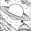 Planet mit Ringen und Rakete - Malvorlage zum Ausdrucken