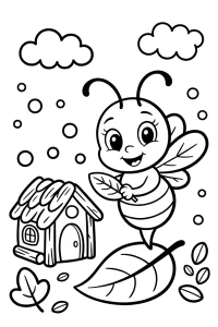 Abeille souriante avec une feuille - Coloriage à imprimer