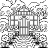 Gartenhaus zwischen Blumentöpfen - Malvorlage zum Ausdrucken