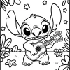 Stitch z ukulele wśród kwiatów - Kolorowanka do druku